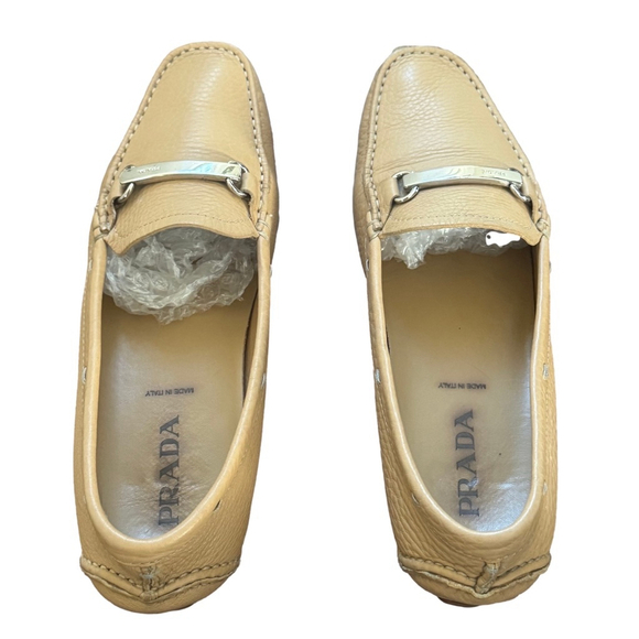 PRADA Women’s 37.5 (US 7) Sand Leather Beige Loafers Flats Shoes - Picture 2 of 9